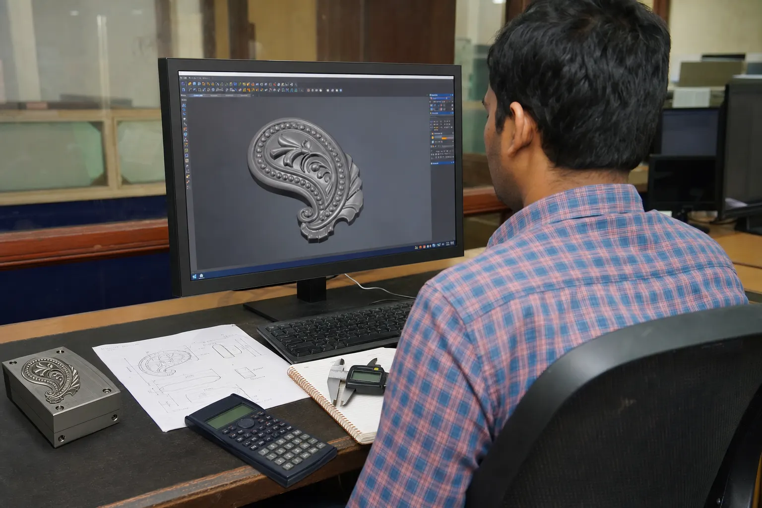 Designer working on a 3D jewellery die model at the design office